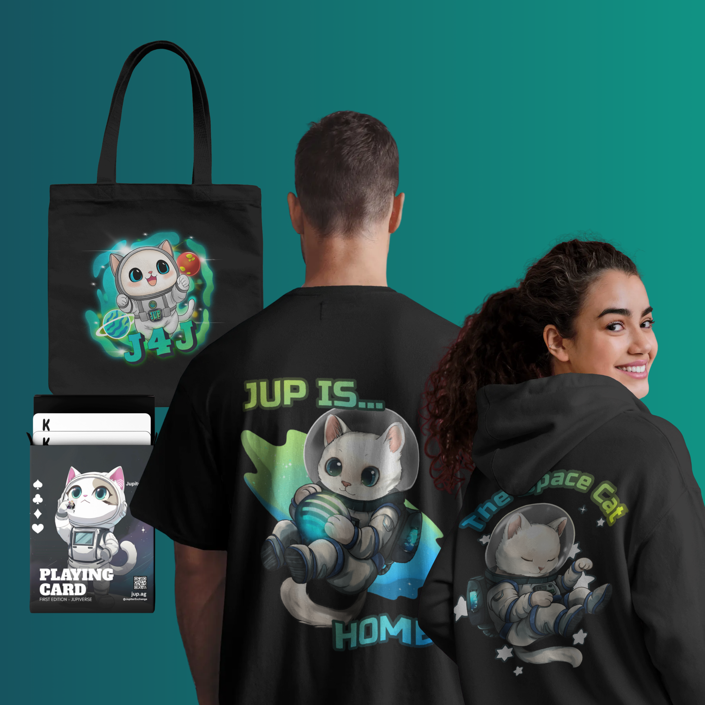 JUP IS HOME BUNDLE - Space Cat Hoodie, JUP is Home Tshirt, Galaxy Cat Tote Bag and Playing Card