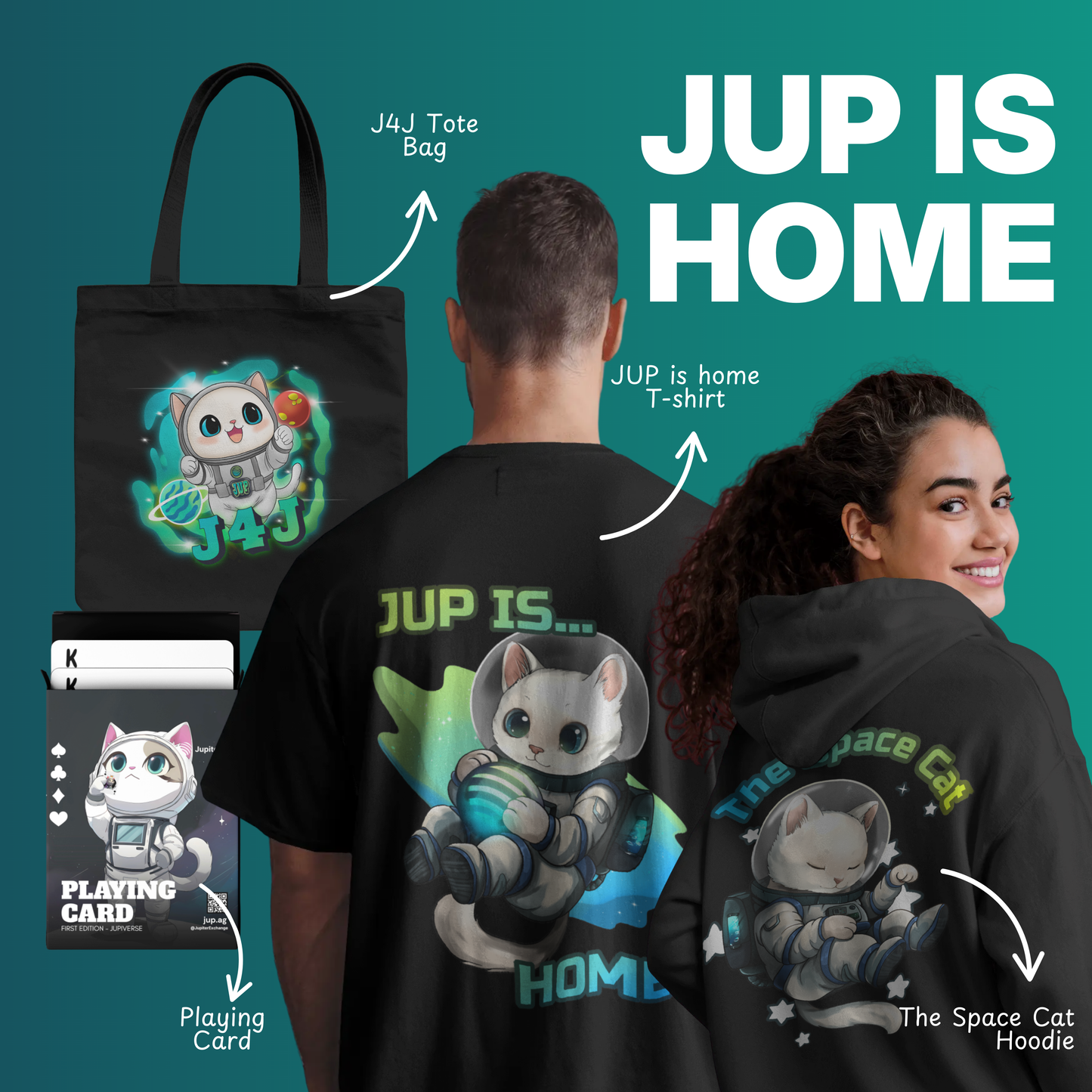 JUP IS HOME BUNDLE - Space Cat Hoodie, JUP is Home Tshirt, Galaxy Cat Tote Bag and Playing Card